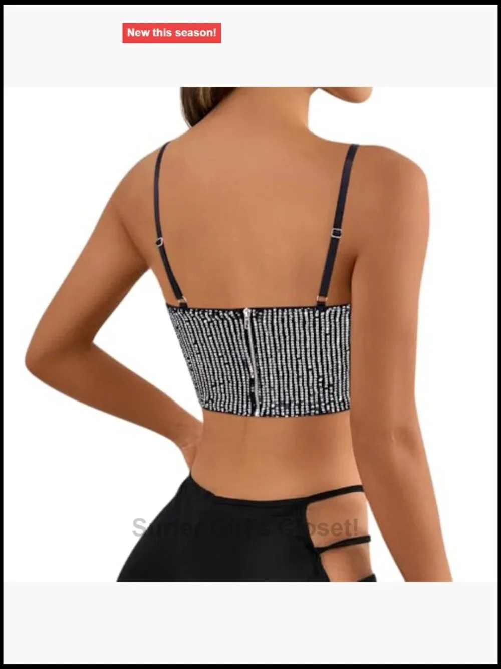 Sequin Crop Top V-Neck Spaghetti Strap Sleeveless Rhinestone Tassel Sparkly